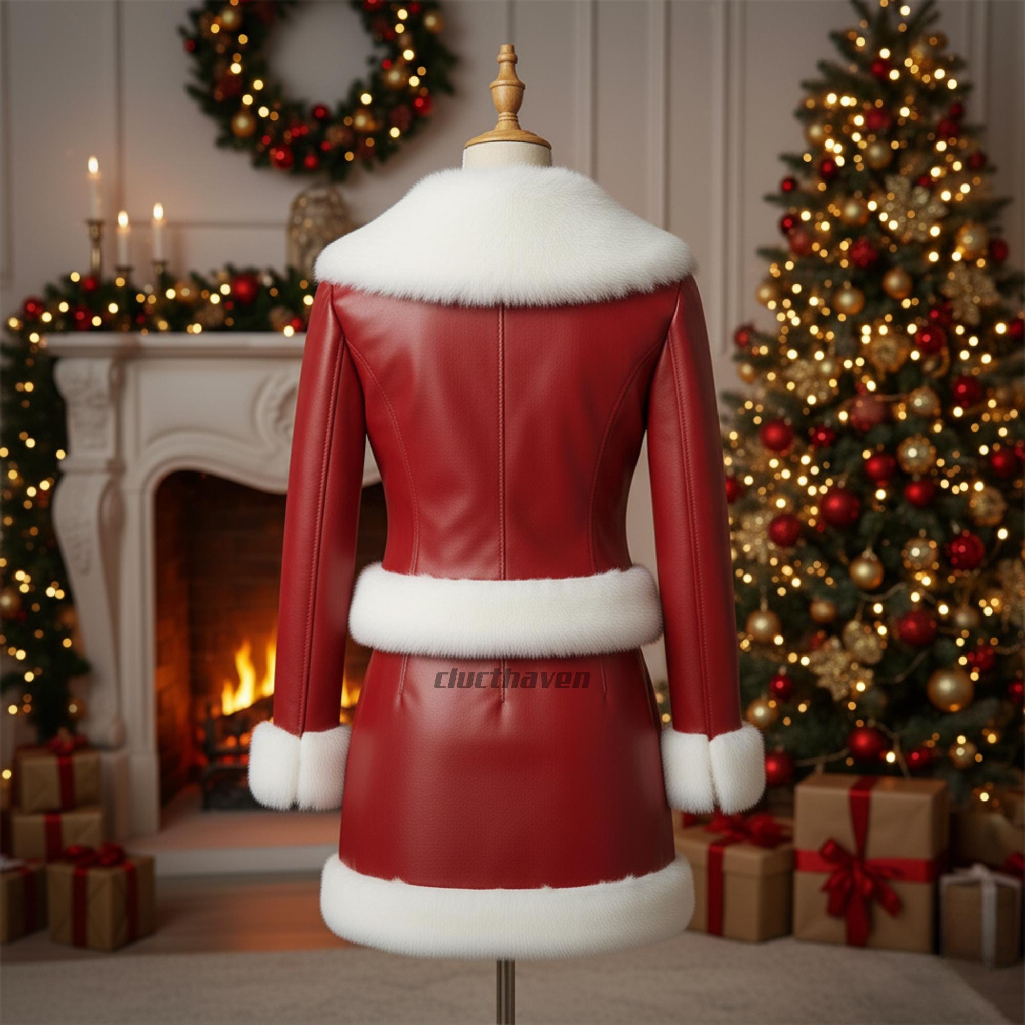 Damen-Weihnachtskostüm-Set aus rotem Leder