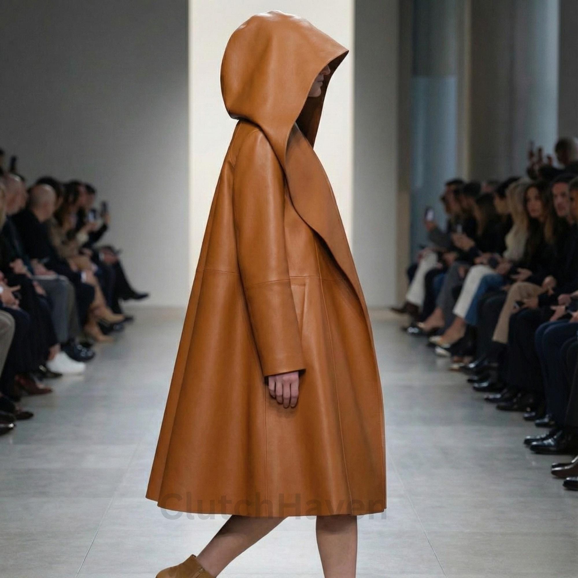Handgemachter Oversized Kapuzenledermantel für Damen