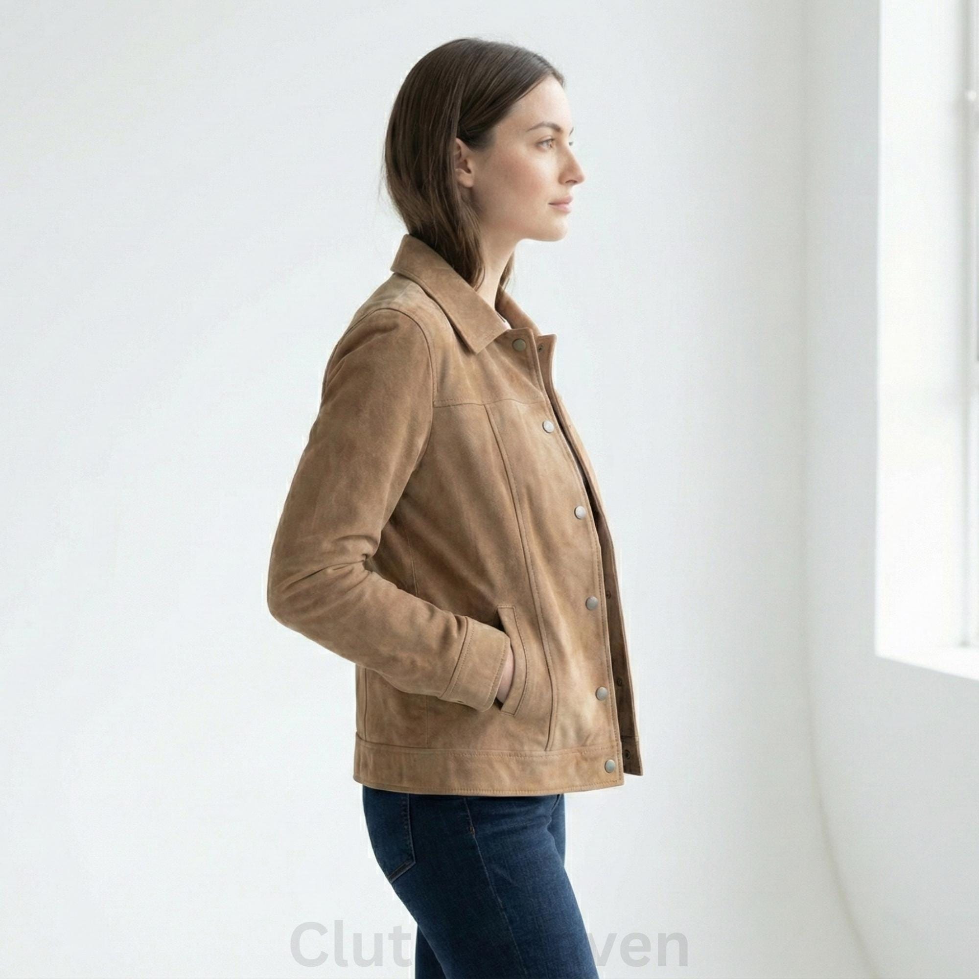 Damen Wildlederjacke Hellbraun – Klassischer Kragen, Knopfverschluss, Echtes Wildleder, Lässige Mode-Oberbekleidung, Weicher Ledermantel