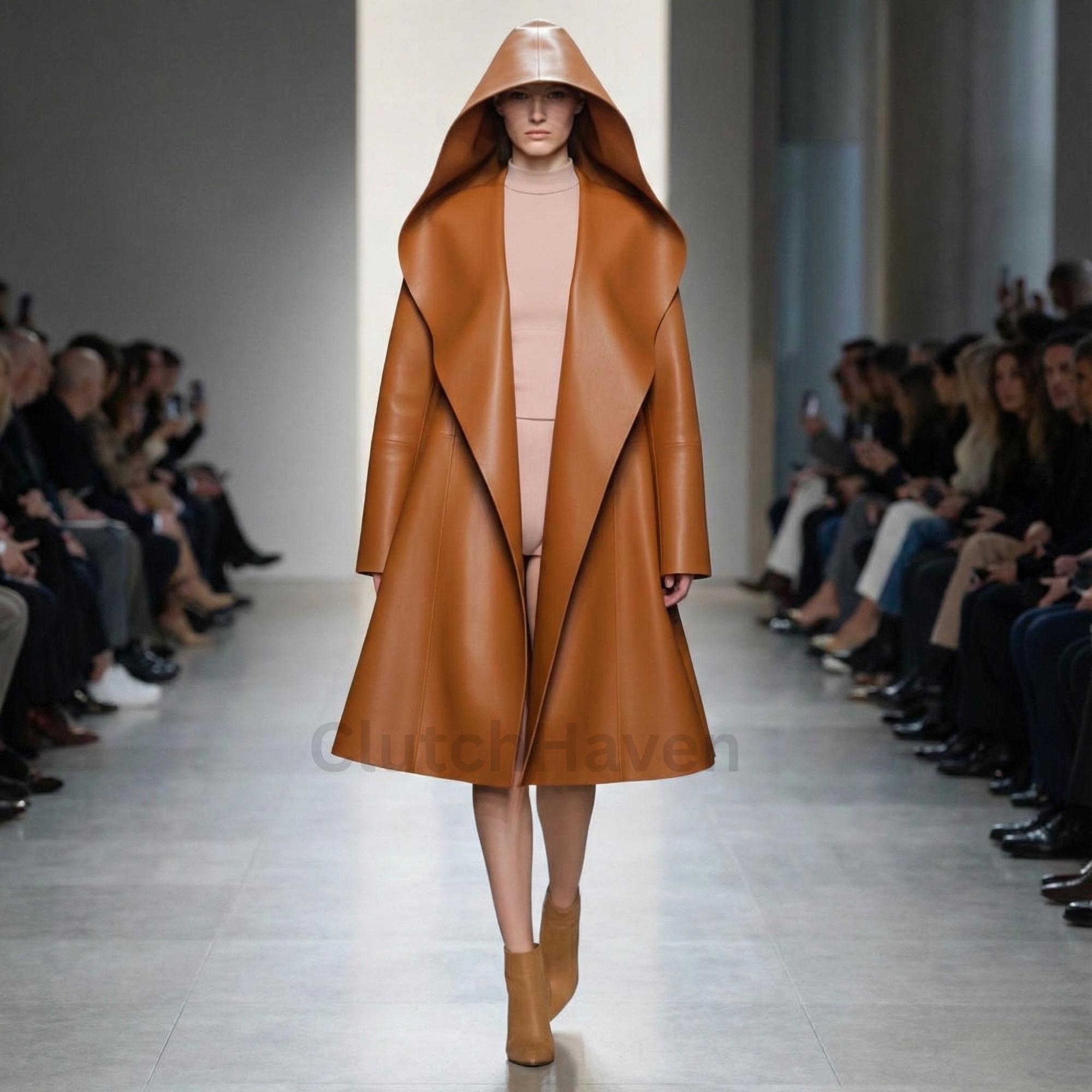 Handgemachter Oversized Kapuzenledermantel für Damen
