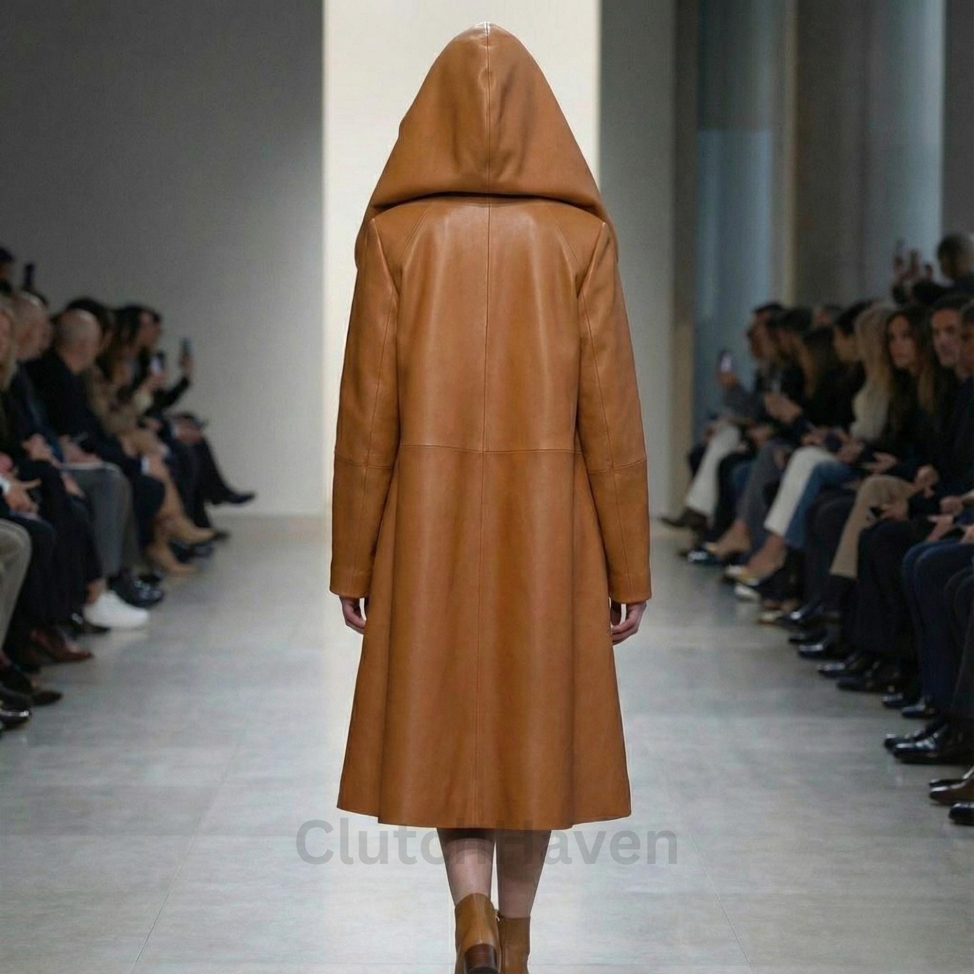 Handmade Oversized Hooded Leather Coat for Women