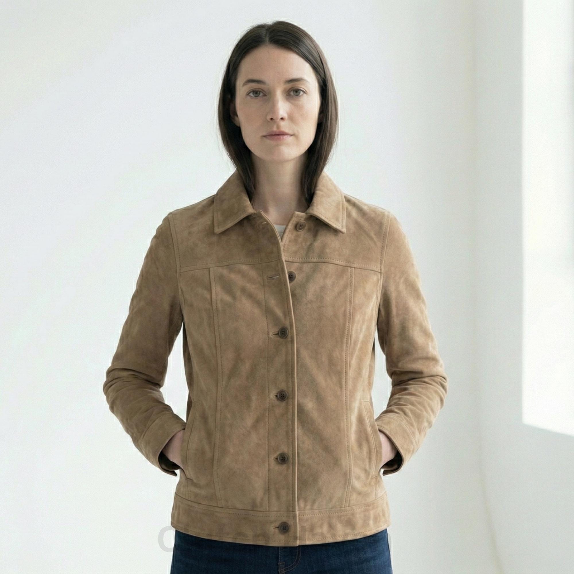 Damen Wildlederjacke Hellbraun – Klassischer Kragen, Knopfverschluss, Echtes Wildleder, Lässige Mode-Oberbekleidung, Weicher Ledermantel