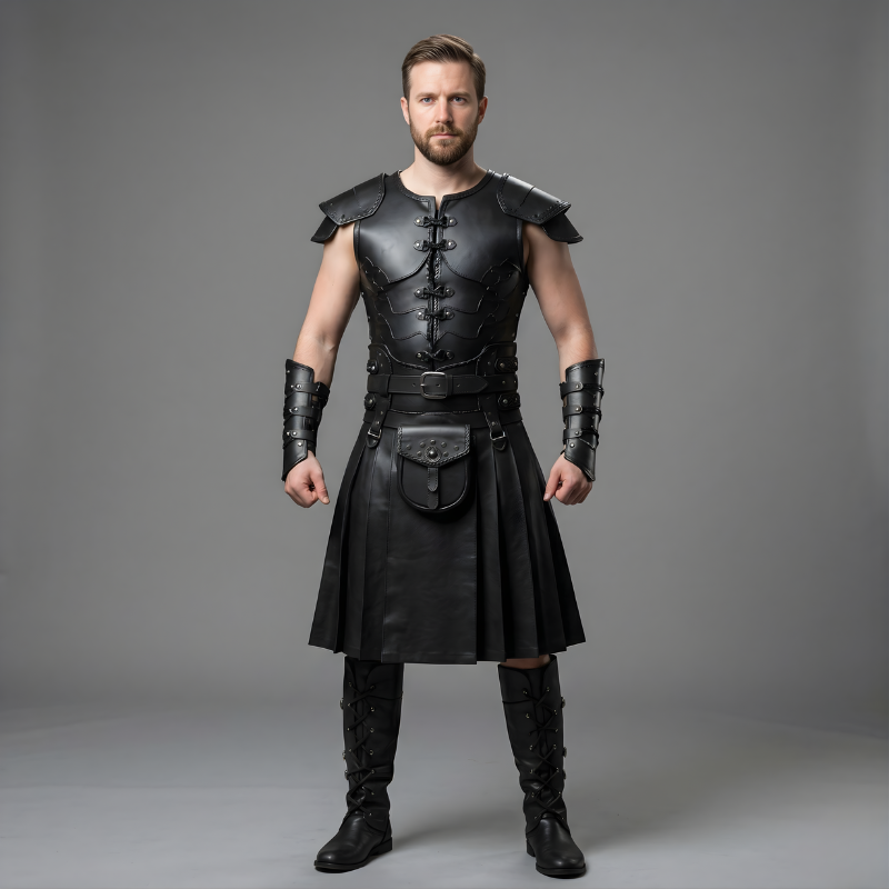 Men's Full Black Leather Warrior Armor Set with Kilt & Bracers