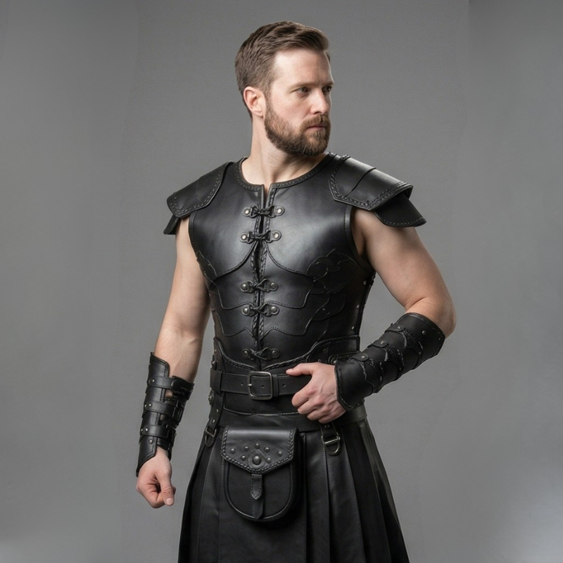 Men's Full Black Leather Warrior Armor Set with Kilt & Bracers