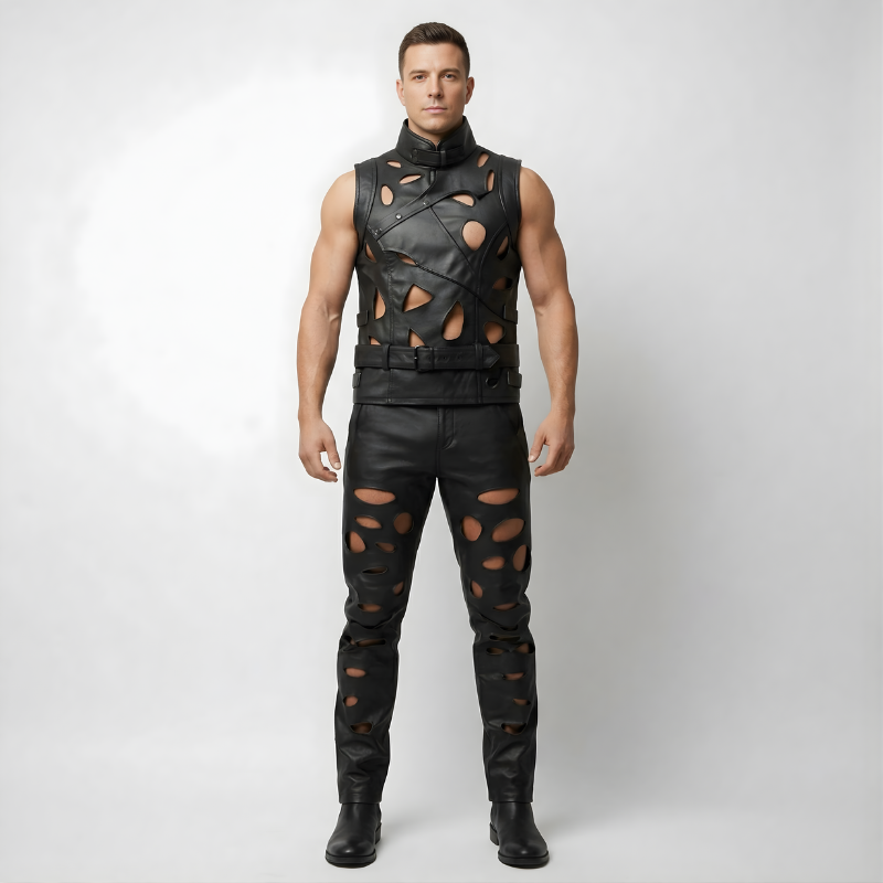 Men's Gothic Heart Cutout Leather Vest & Pants Set