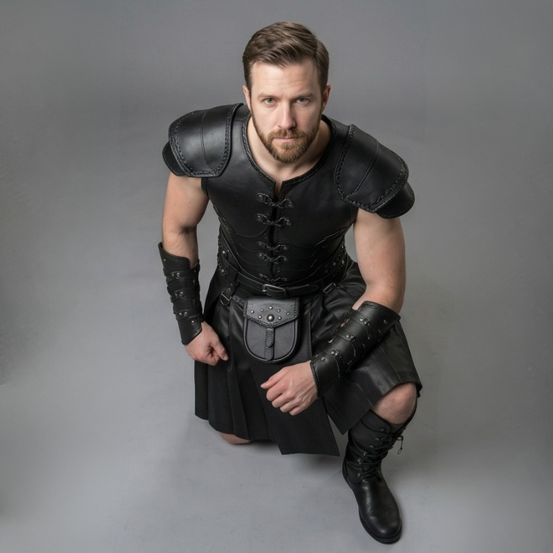 Herren Volles Schwarzes Leder Krieger Rüstungsset mit Kilt & Armschienen