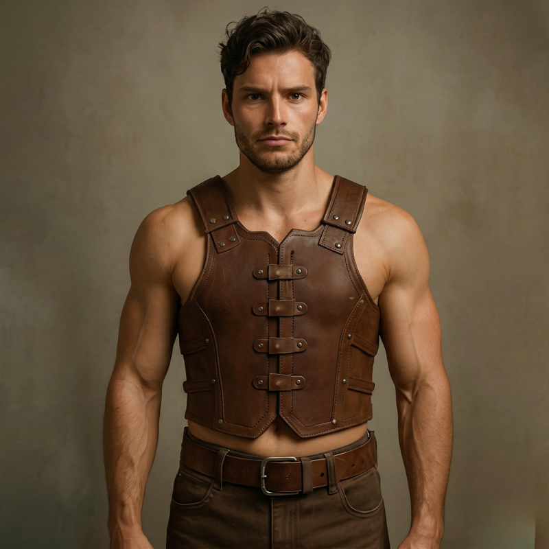 Men's Brown Leather Medieval Armor Vest | LARP Chest Piece With Free Belt