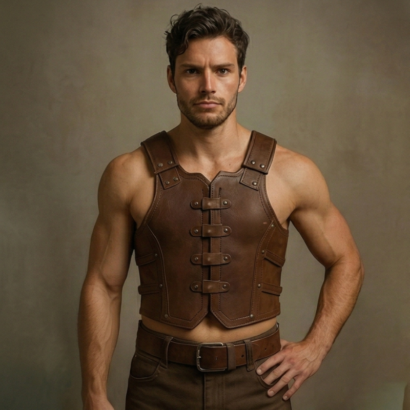 Men's Brown Leather Medieval Armor Vest | LARP Chest Piece With Free Belt