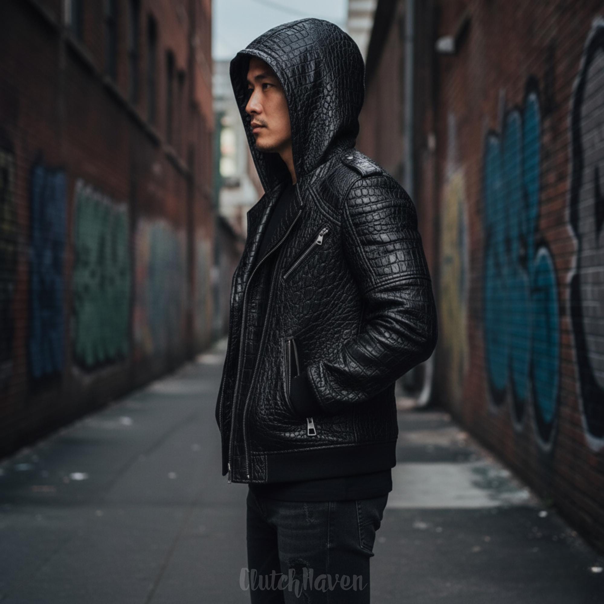 Axis Lederjacke mit Krokodilmuster, Schwarz