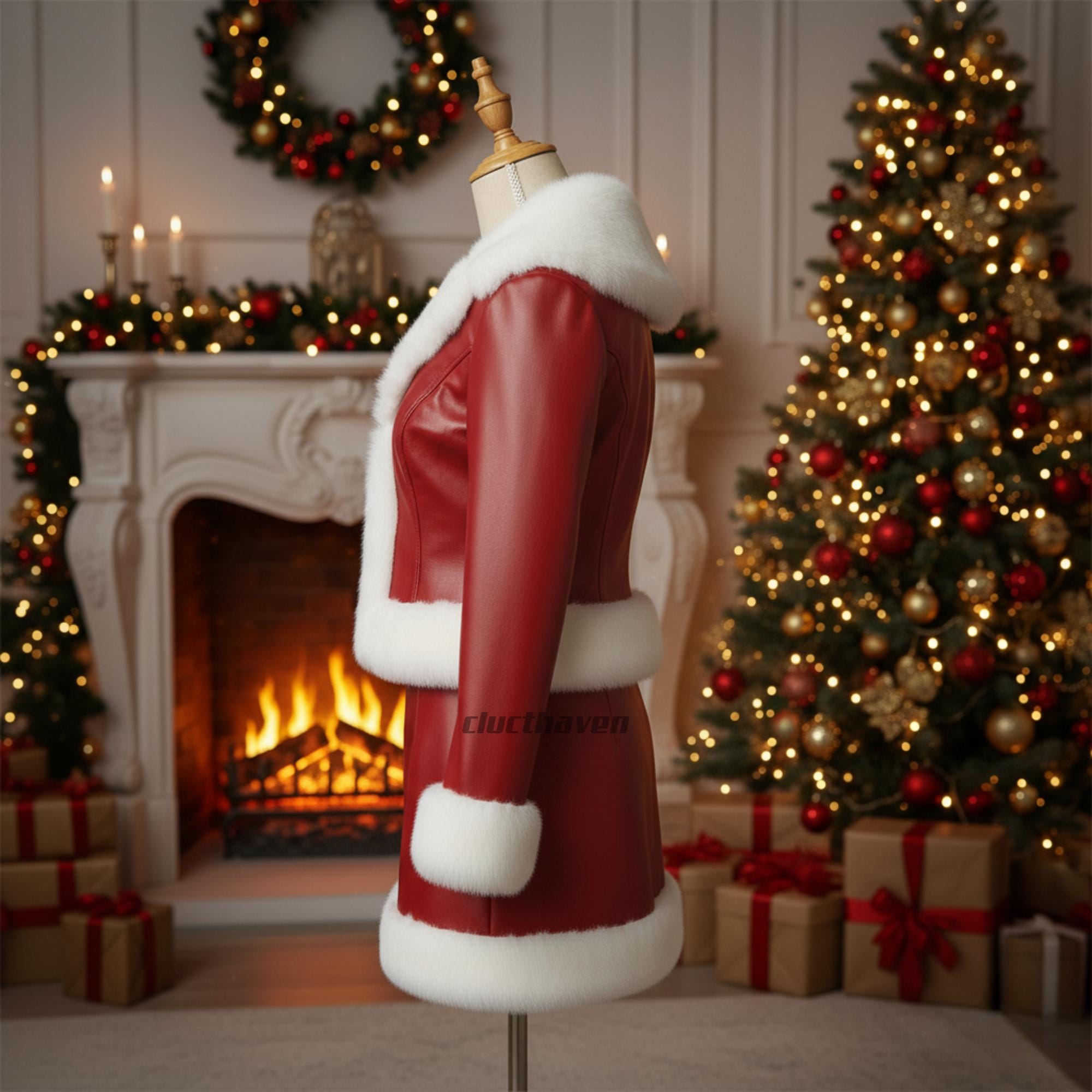 Damen-Weihnachtskostüm-Set aus rotem Leder