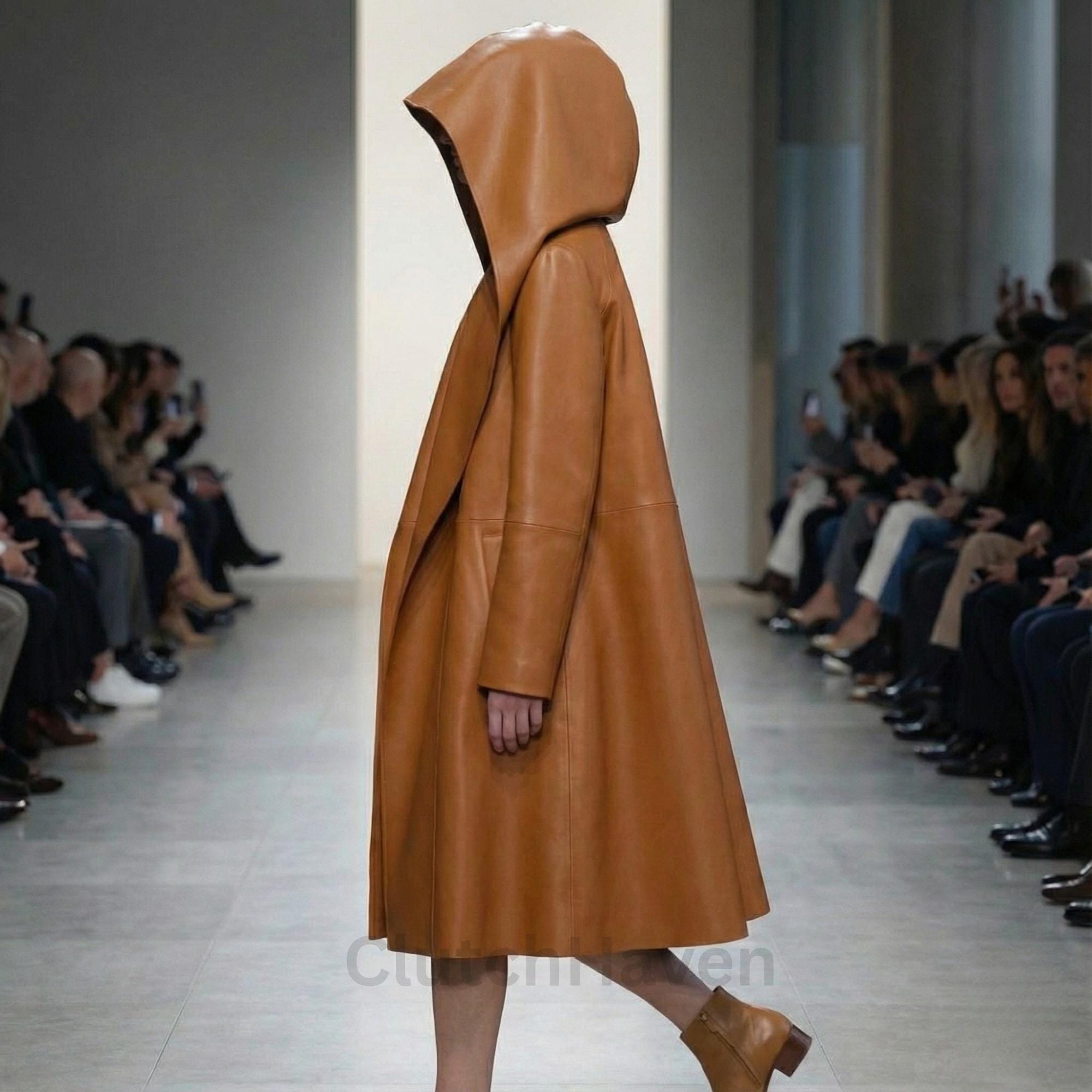 Handmade Oversized Hooded Leather Coat for Women