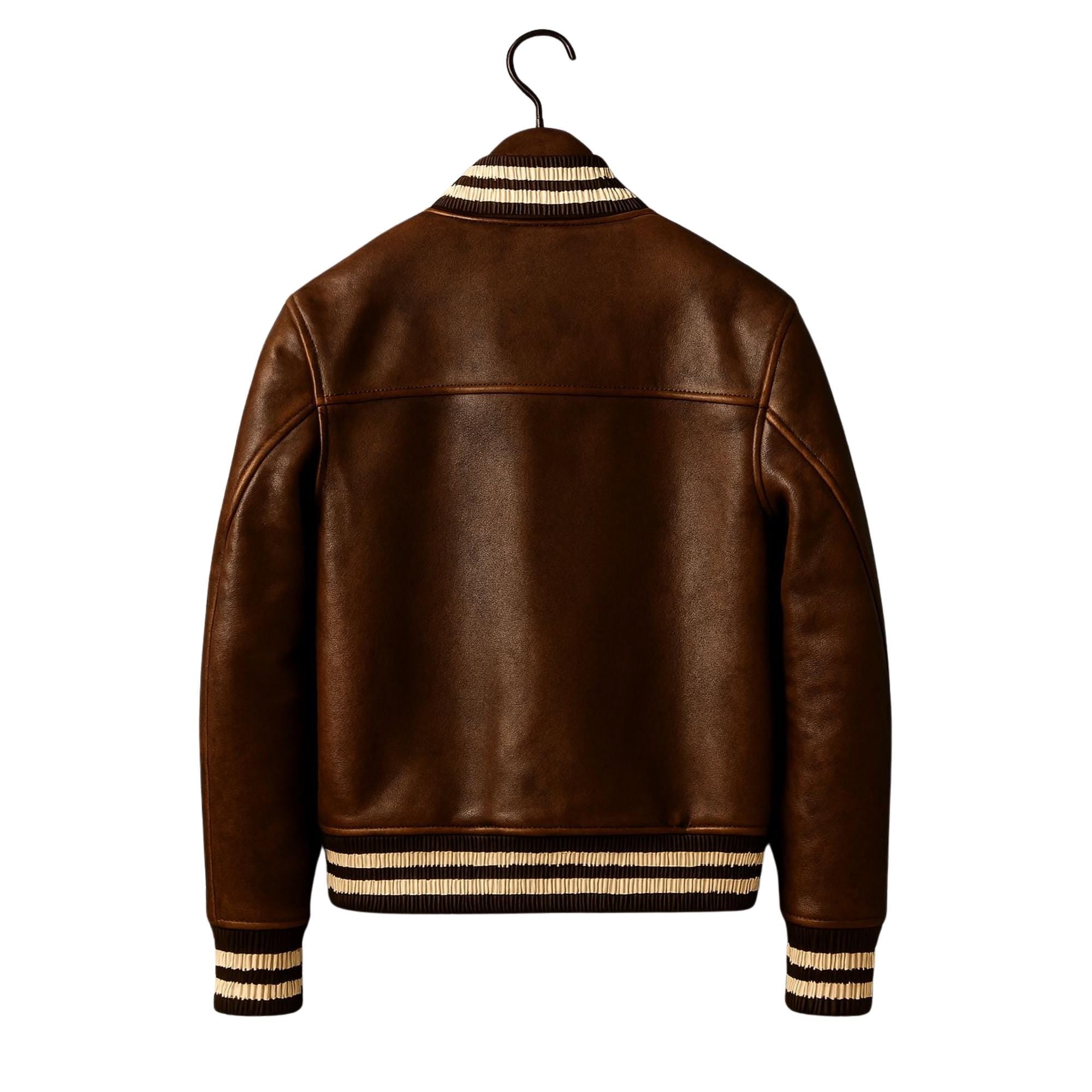 Premium Echtleder braune Leder-Varsity-Jacke für Herren