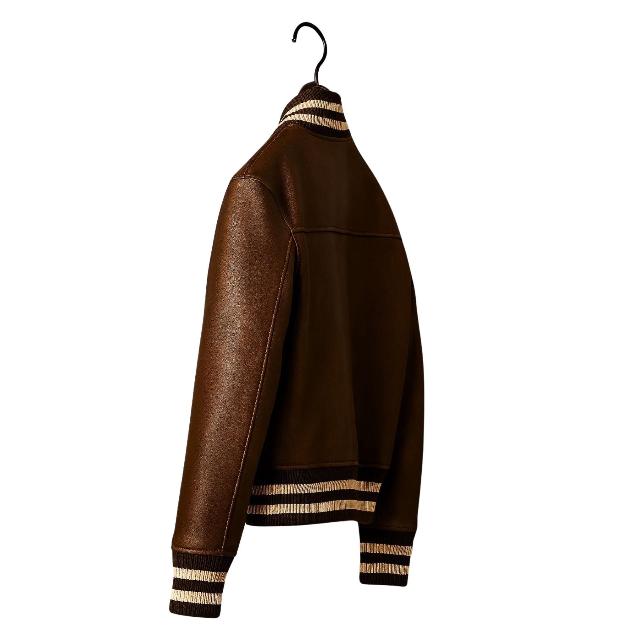 Premium Real Leather Brown Leather Varsity Jacket for Men