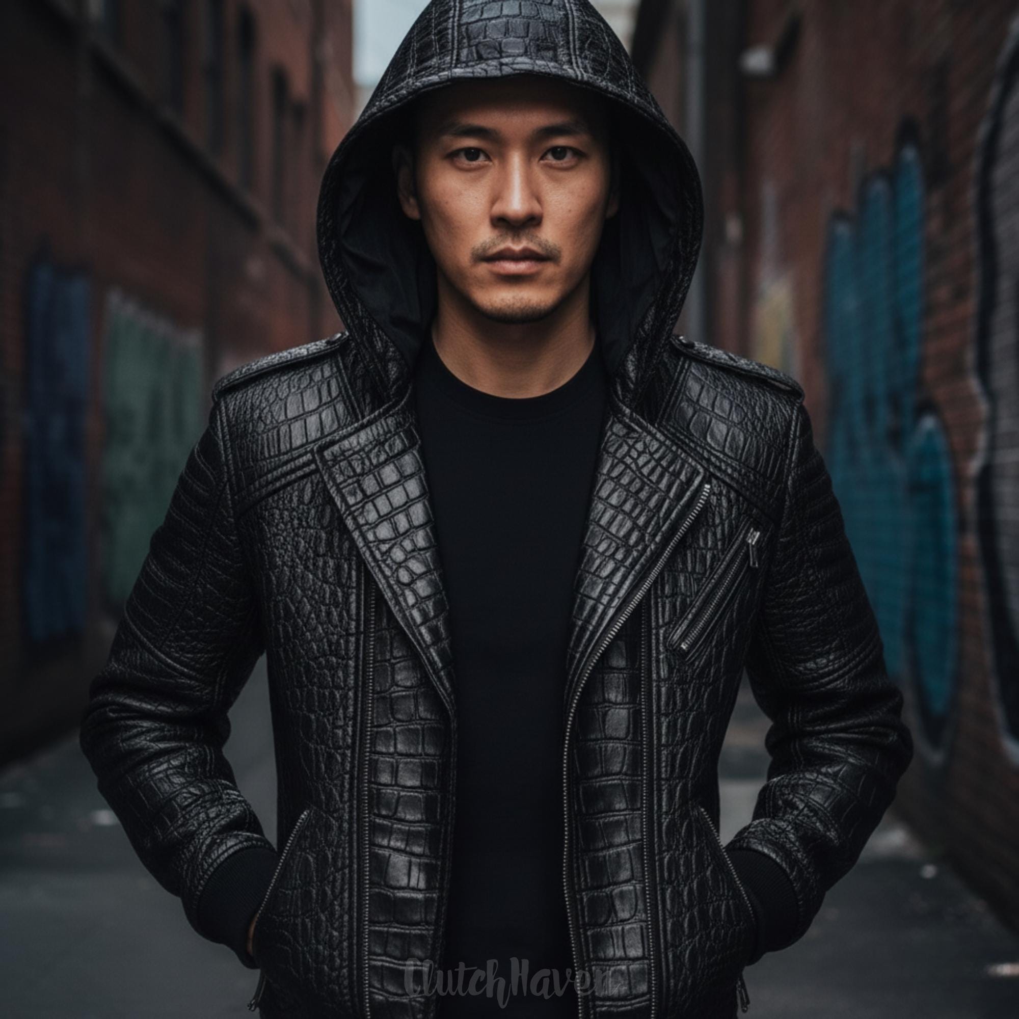 Axis Lederjacke mit Krokodilmuster, Schwarz