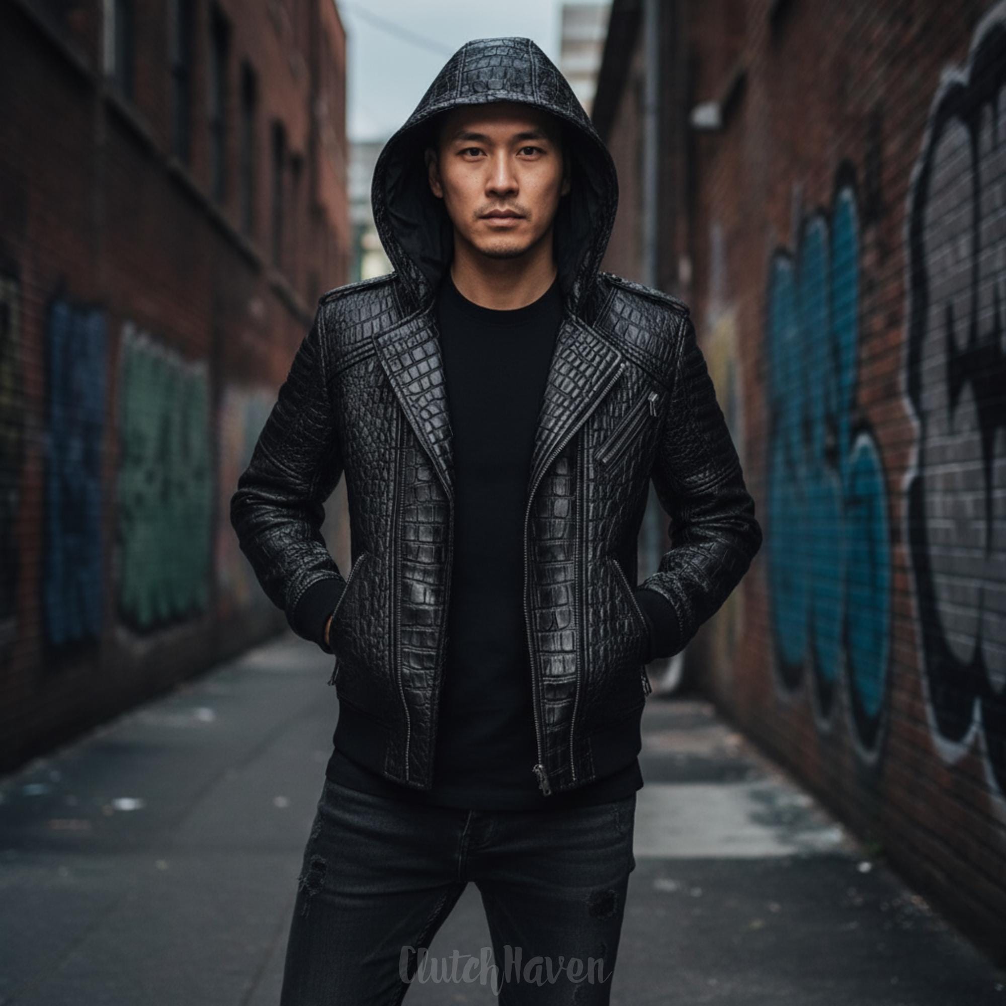 Axis Lederjacke mit Krokodilmuster, Schwarz