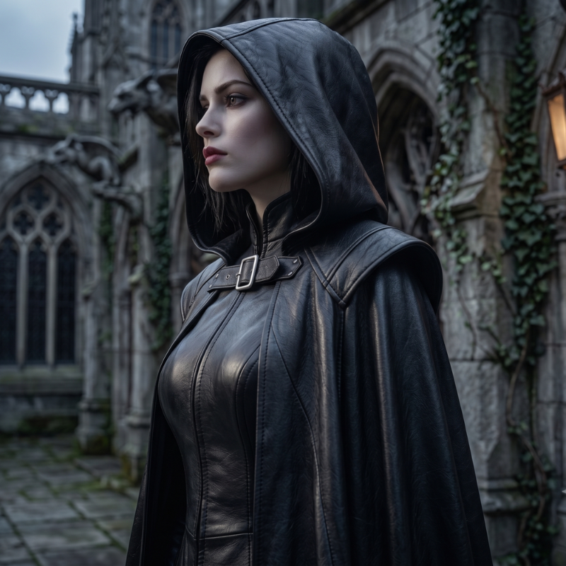 A woman wearing a black leather hooded cloak with a buckle detail, standing in front of a gothic stone building with ivy.