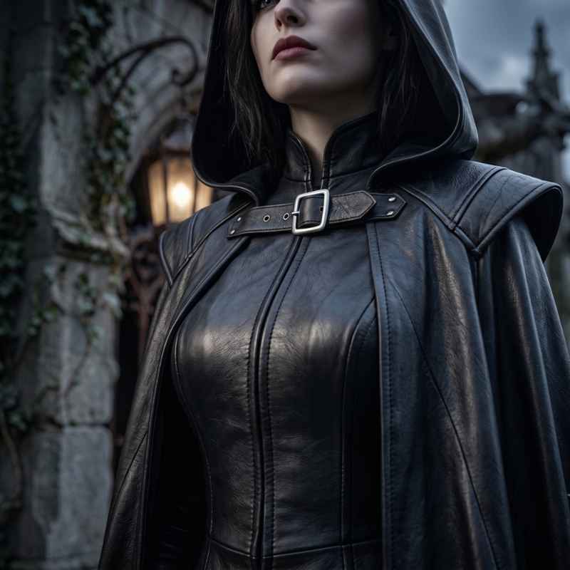 A woman wearing a black leather hooded cloak with a front zipper and a decorative buckle strap across the chest, standing outdoors against a stone wall with a lantern in the background.