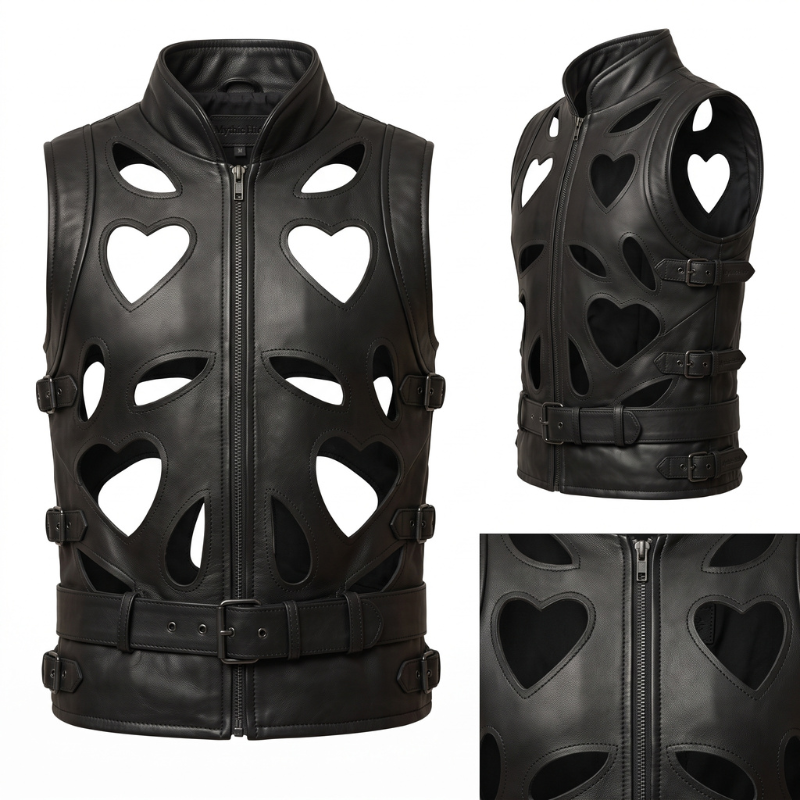 Black leather vest with multiple heart-shaped cutouts, shown from the front and side, with a close-up inset of the front detailing.