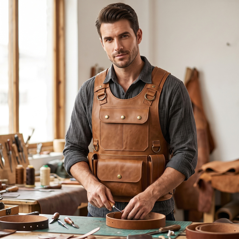 A man wearing a brown leather work apron over a dark gray shirt, standing in a leatherworking workshop with tools and leather pieces on a table.