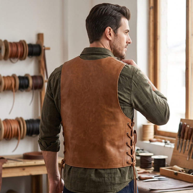 A man wearing a brown leather lace-up vest over an olive green shirt, standing in a rustic workshop with leatherworking tools and spools of thread in the background.