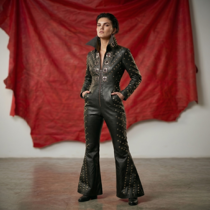 A model stands in a studio wearing a black Genuine leather jumpsuit with gold studs and silver buckle details, posed against a draped red fabric backdrop.