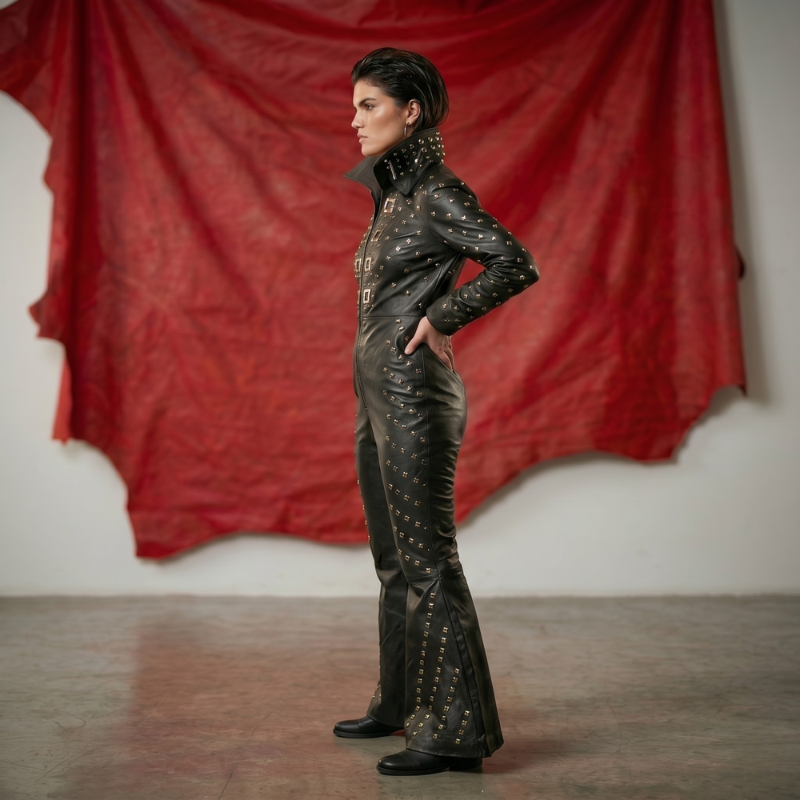 A model stands in profile wearing a black leather jumpsuit covered in gold studs, set against a large draped red fabric backdrop.