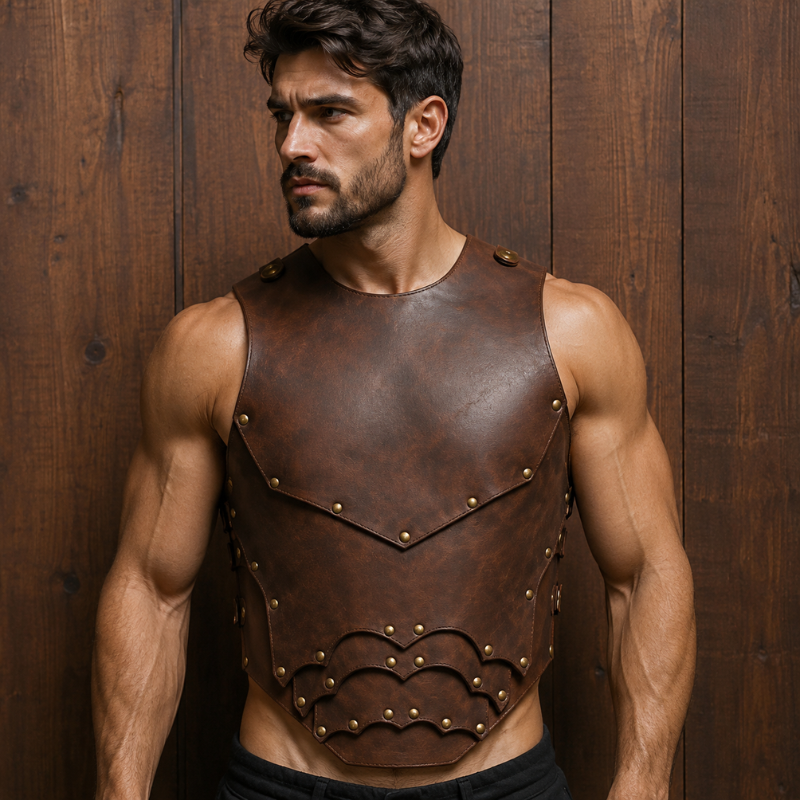 Men's Distressed Brown Leather Viking Chest Armor Vest