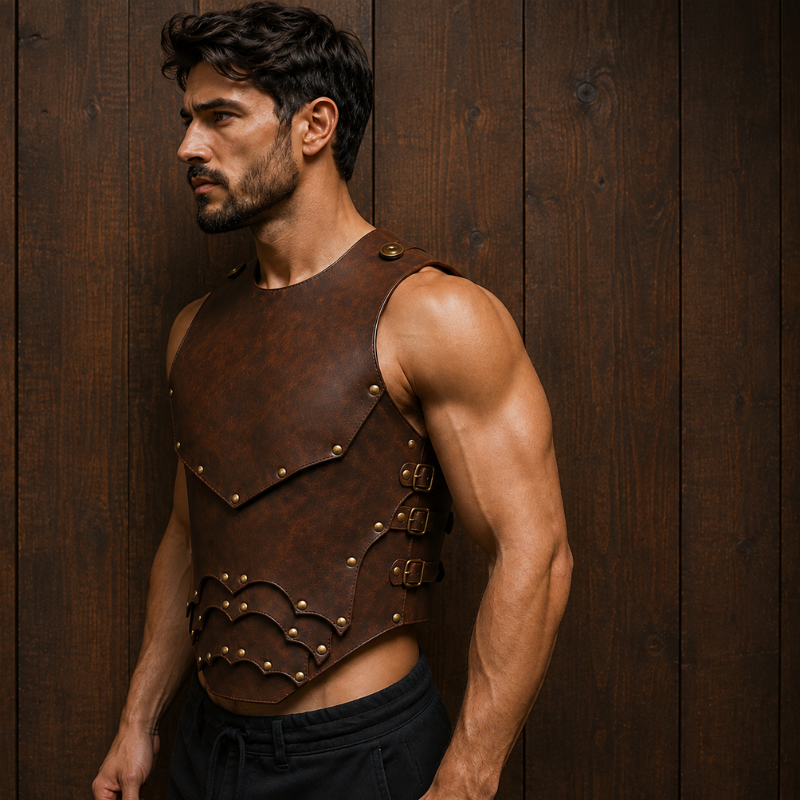 Men's Distressed Brown Leather Viking Chest Armor Vest