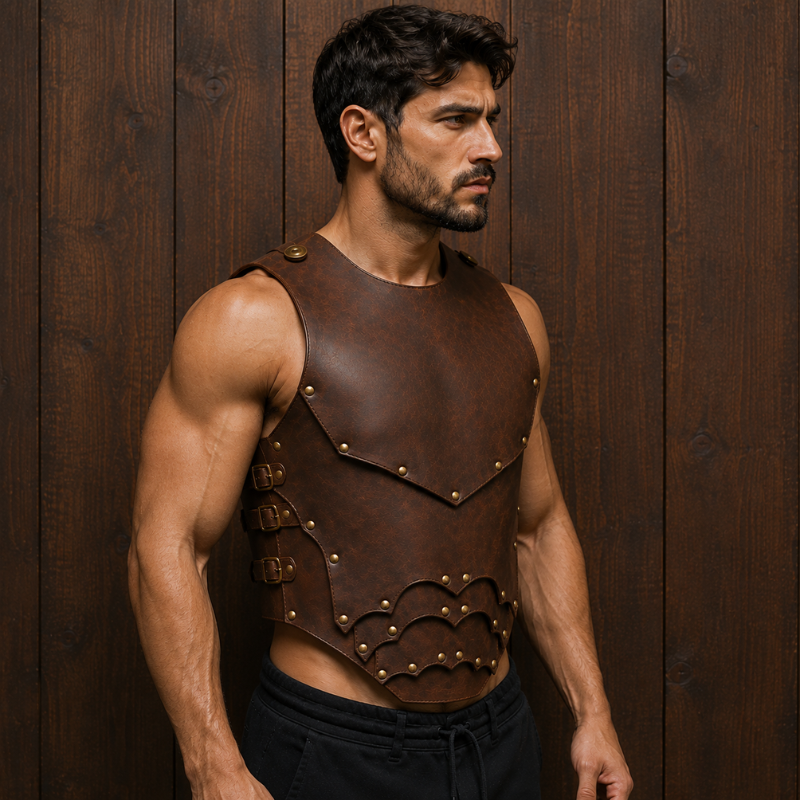 Men's Distressed Brown Leather Viking Chest Armor Vest