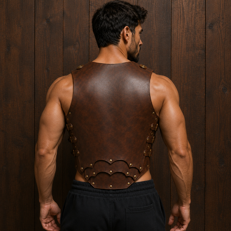 Men's Distressed Brown Leather Viking Chest Armor Vest