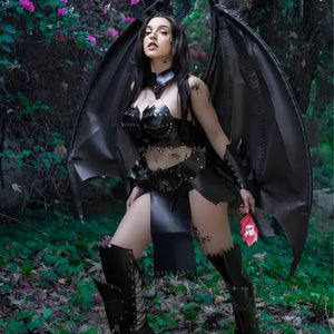 Women dark fantasy demon costume with black wings and leather bodysuit