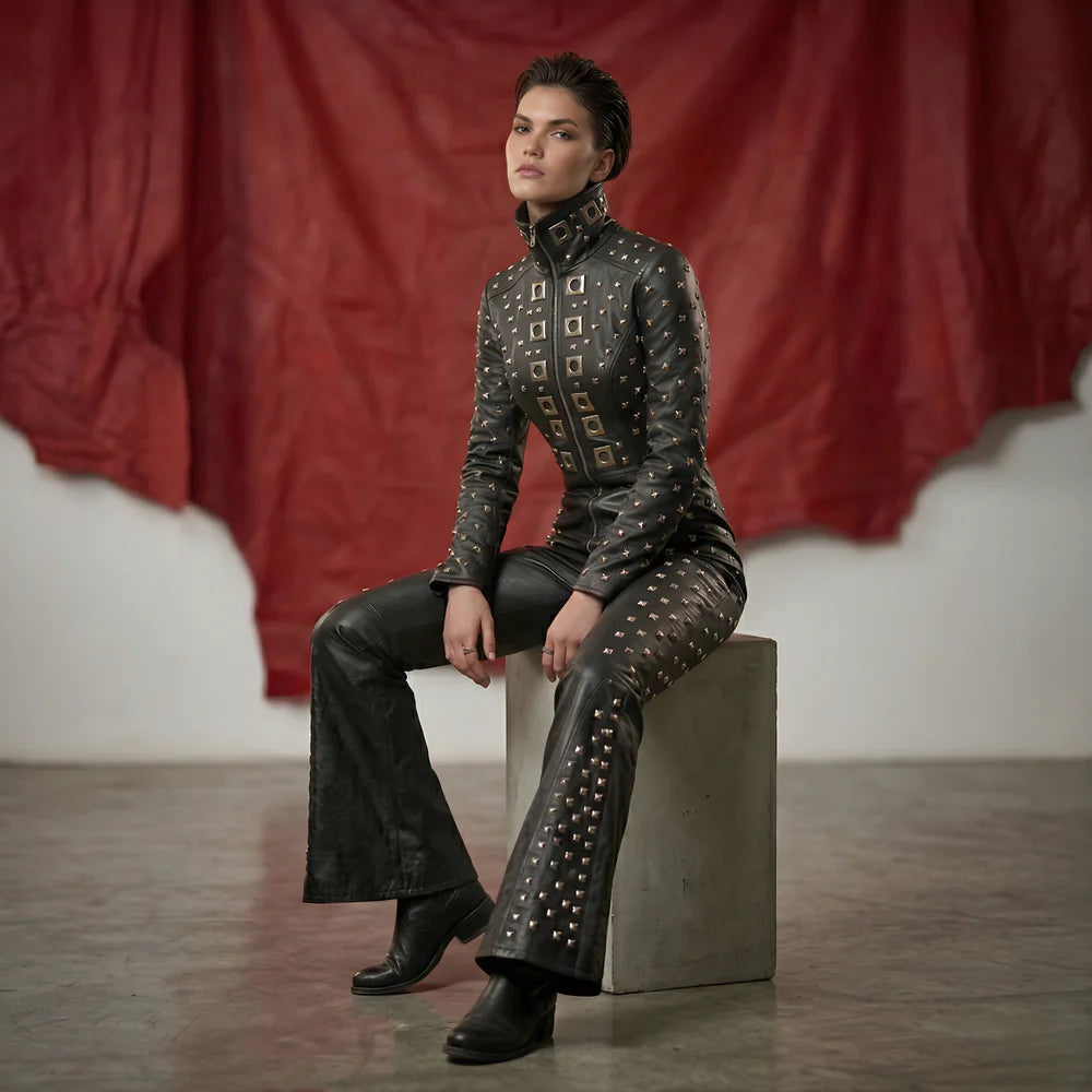 Women black studded leather jumpsuit with bell bottom pants and high collar
