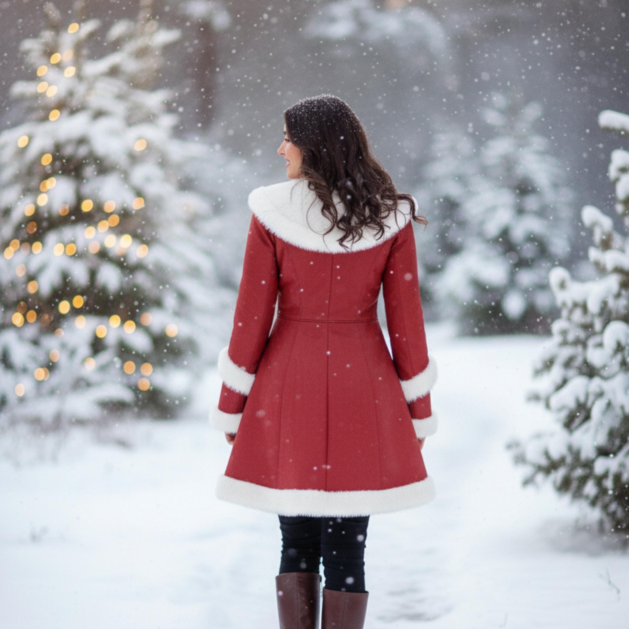 Roter mittelalterlicher Leder-Wintermantel mit weißem Pelzbesatz