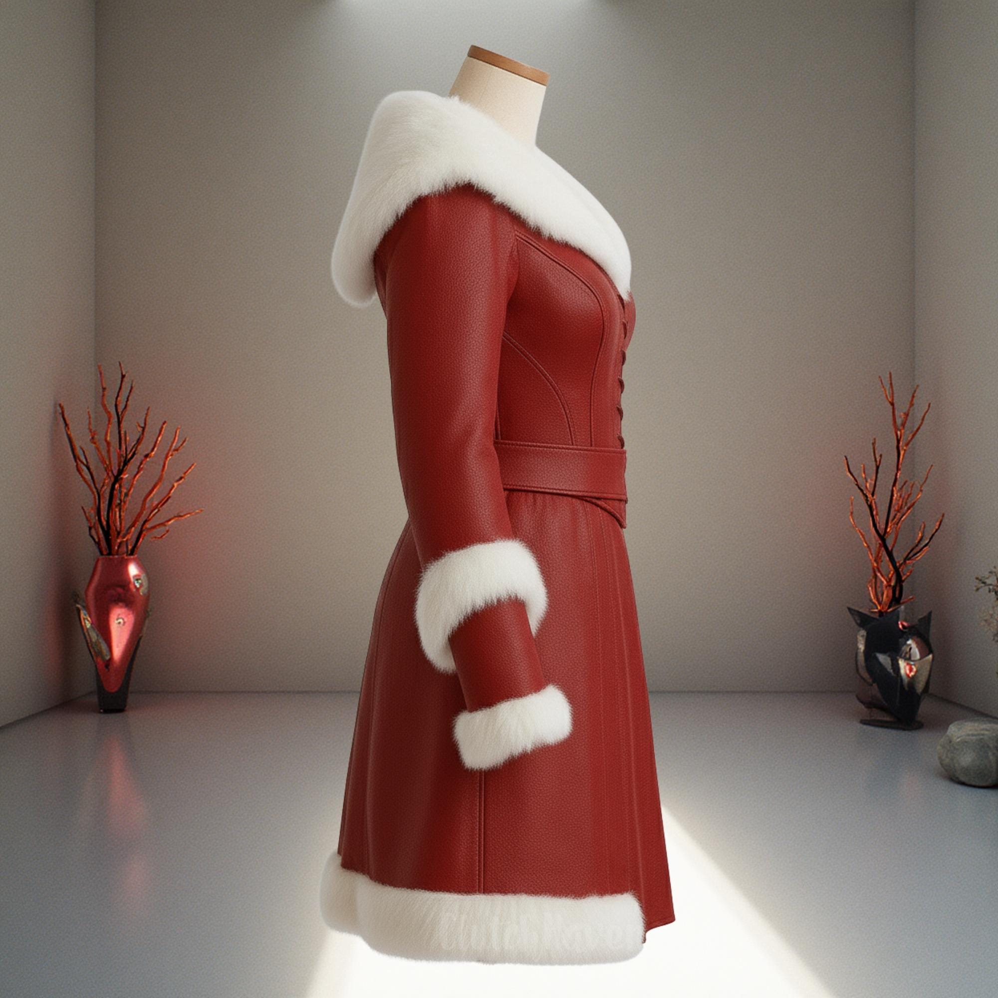 Red Medieval Leather Winter Coat with White Fur Trim