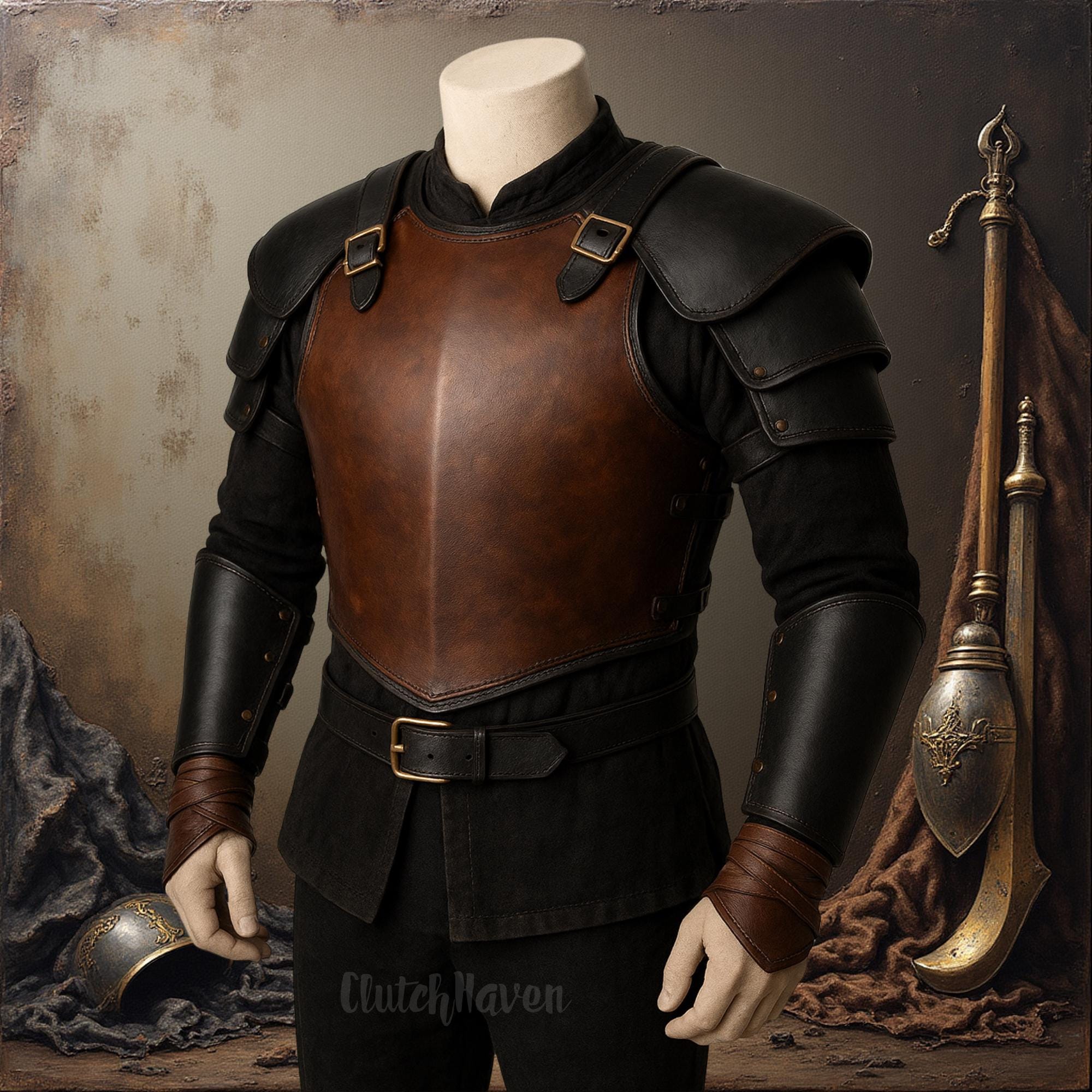 Brown & Black Medieval Leather Armor for Men | Knight Chest Plate, Arm Guards, Wrist Wraps