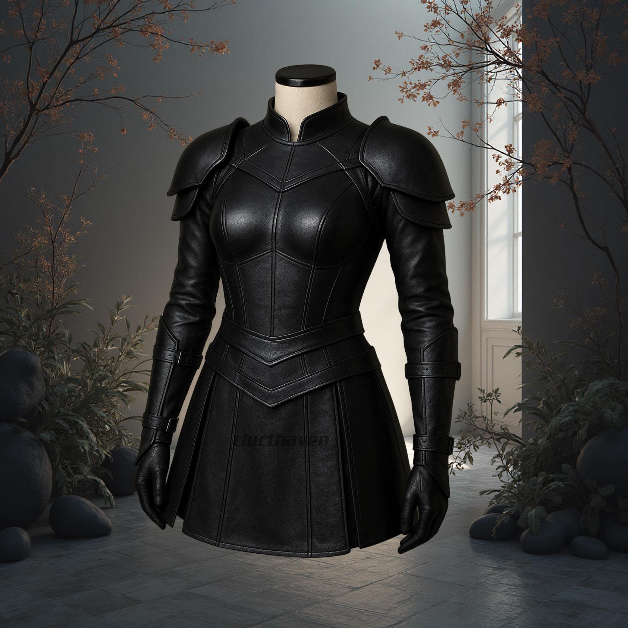Damen Schwarze Lederrüstung Kostüm | Gothic Fantasy Outfit