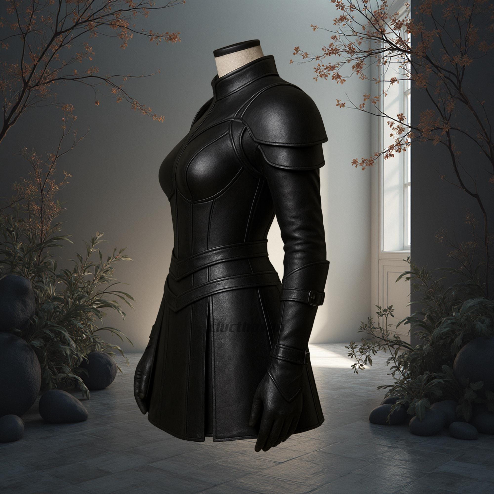 Damen Schwarze Lederrüstung Kostüm | Gothic Fantasy Outfit