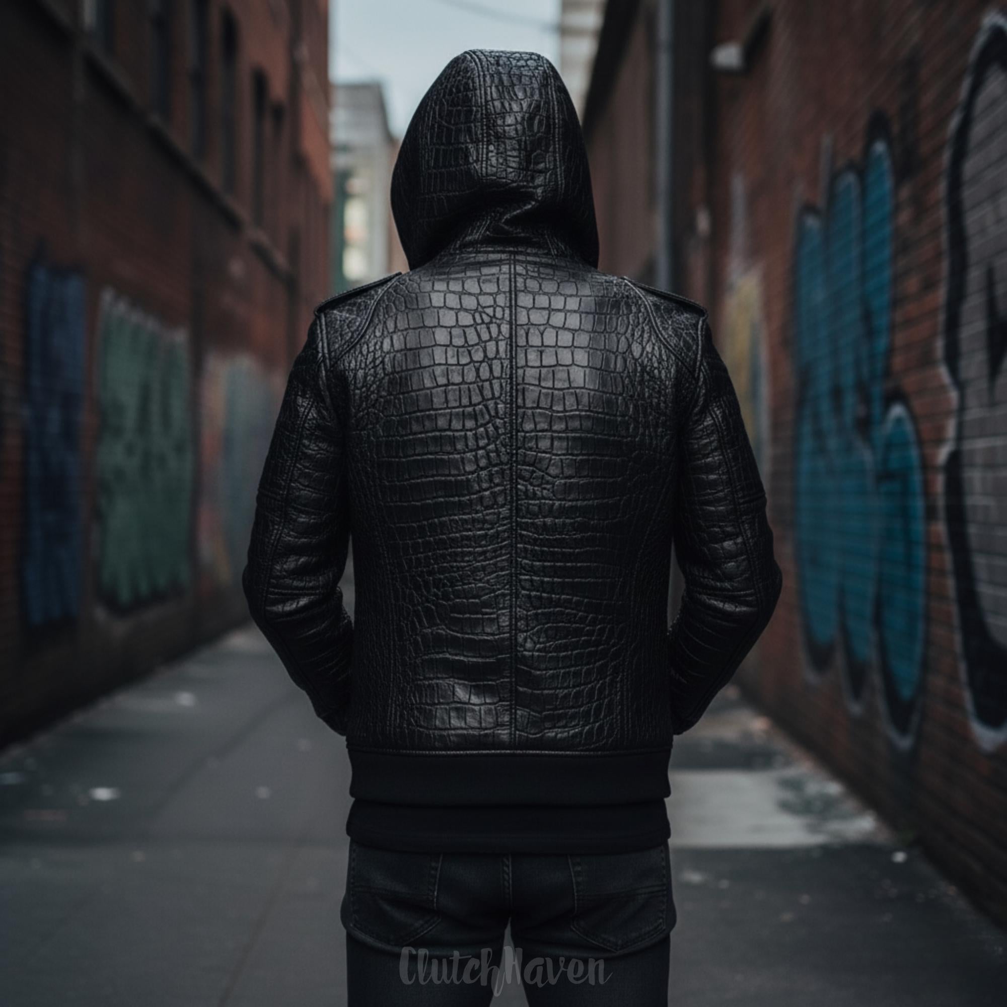 Axis Lederjacke mit Krokodilmuster, Schwarz