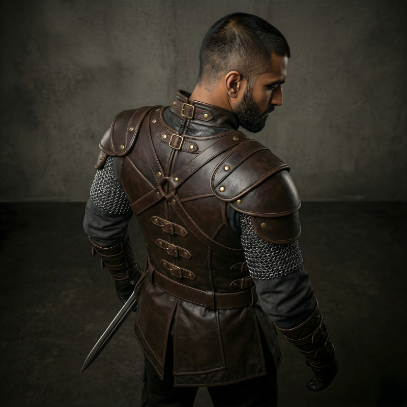 Herren-Ranger-Rüstung aus dunkelbraunem Leder | Nietenbesetzter LARP-Kürass & Armschienen