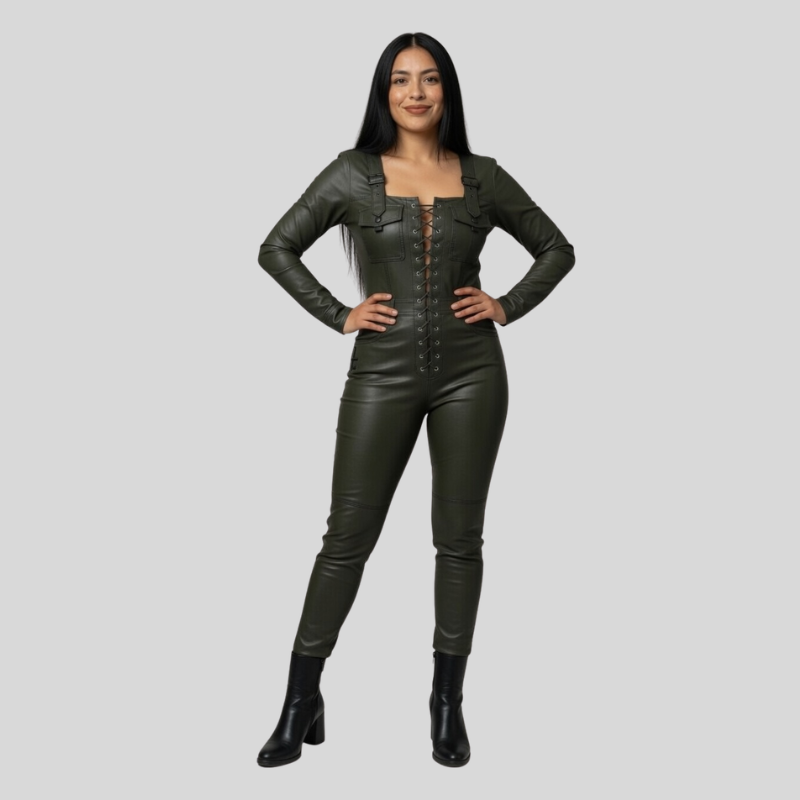 A woman modeling a dark olive green leather jumpsuit with long sleeves, a square neckline, and a lace-up front, paired with black ankle boots, against a solid gray background.