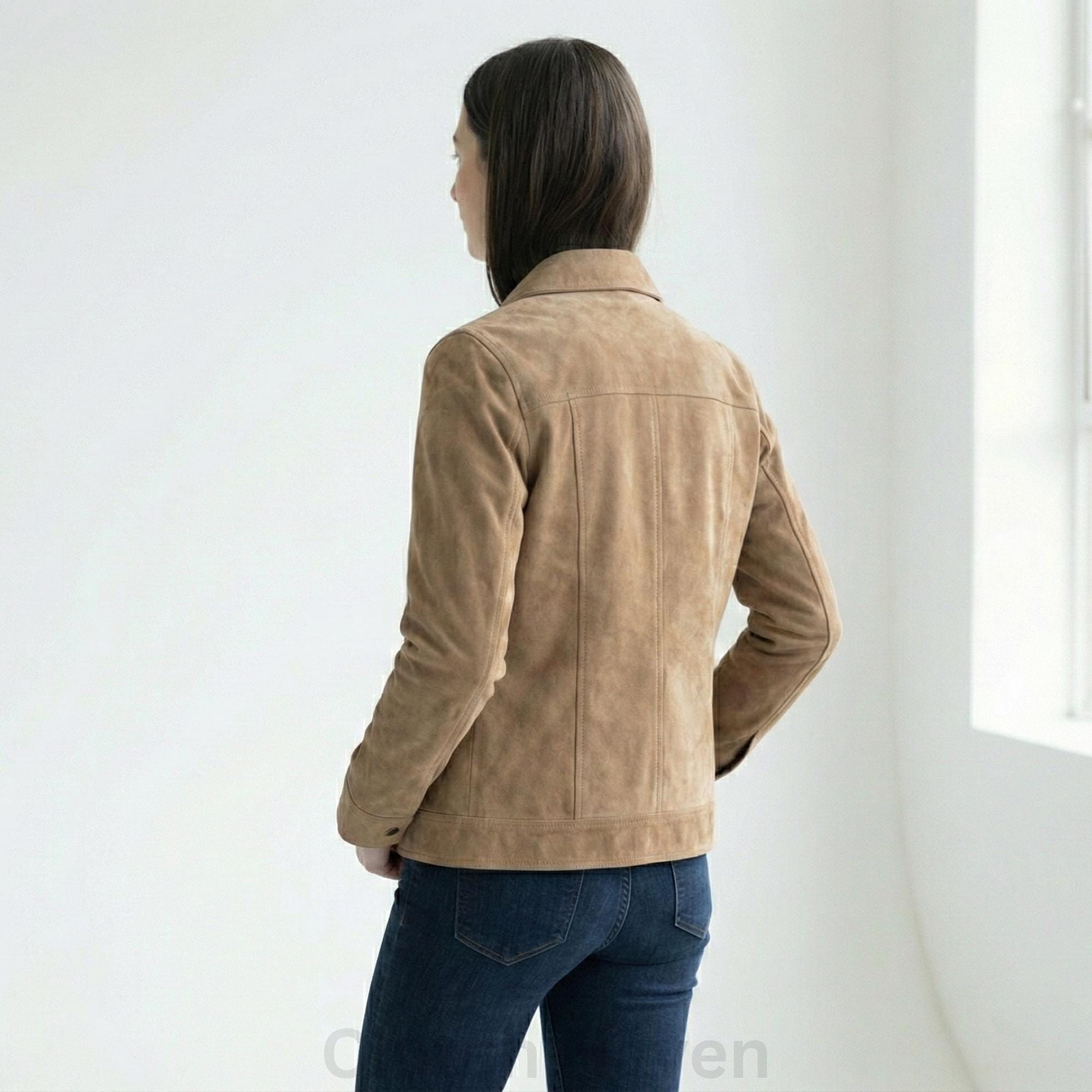 Light Brown Suede Leather Jacket for Women – Classic Collar, Button Closure, Genuine Suede, Casual Fashion Outerwear, Soft Leather Coat
