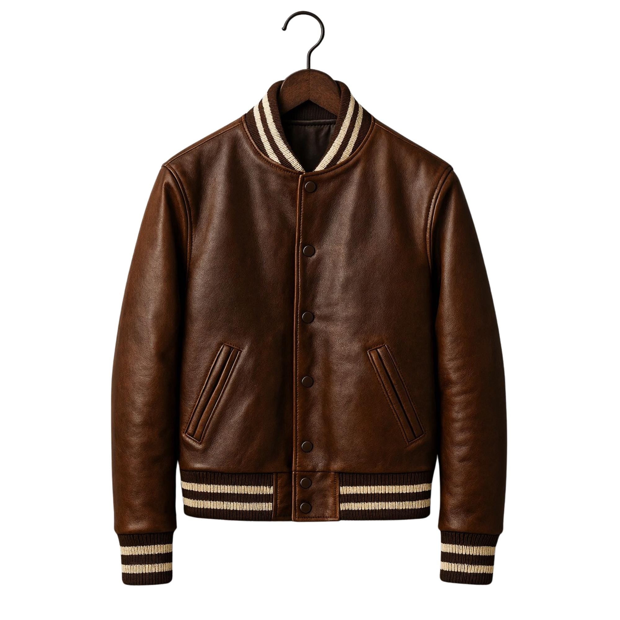 Premium Real Leather Brown Leather Varsity Jacket for Men