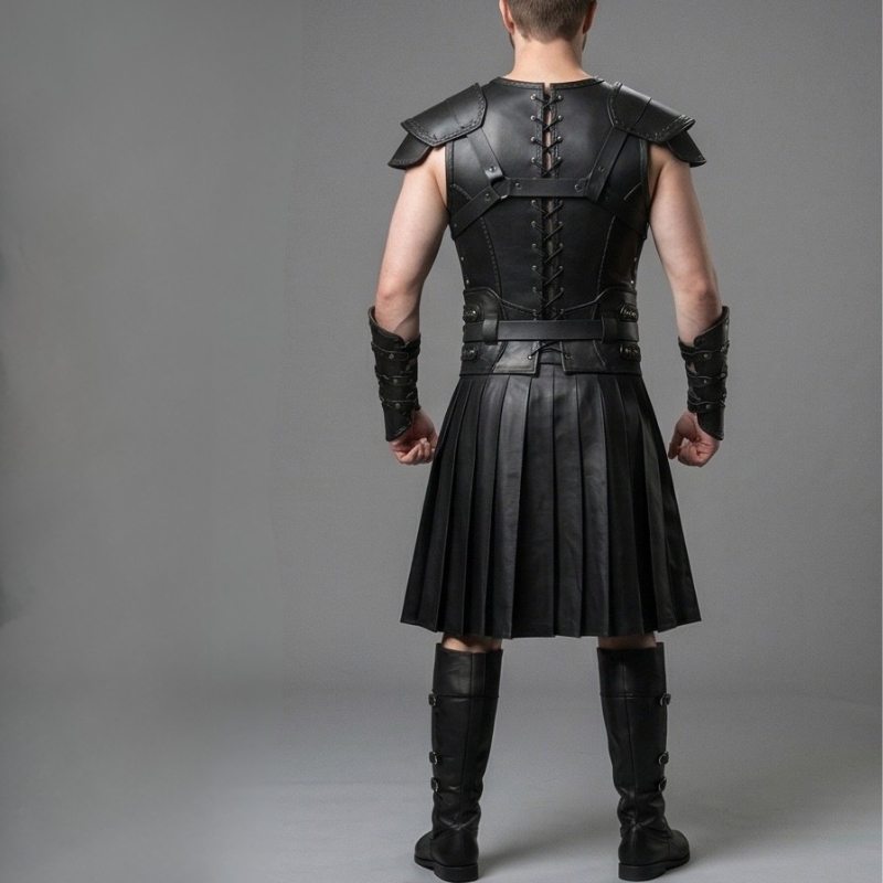 Herren Volles Schwarzes Leder Krieger Rüstungsset mit Kilt & Armschienen