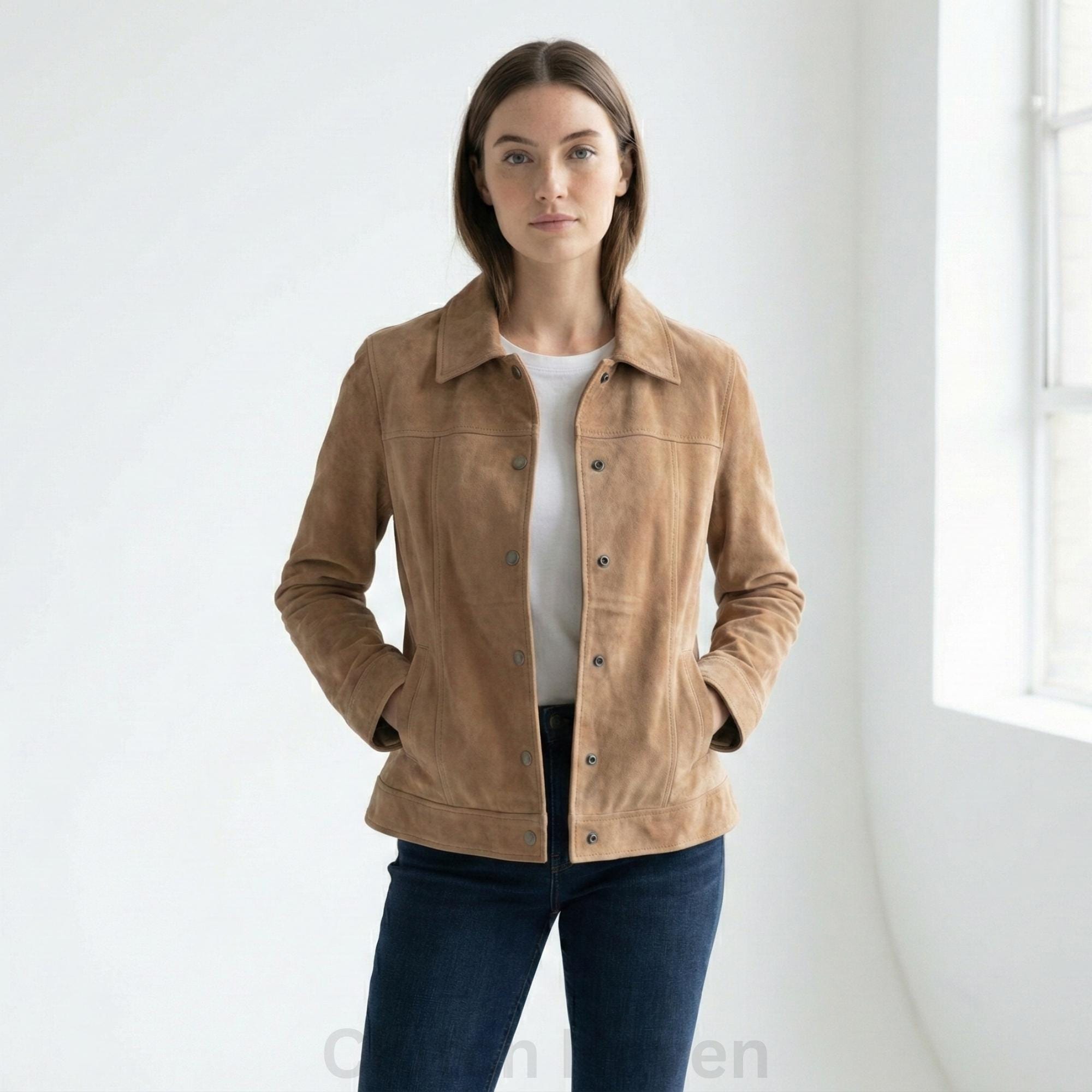 Light Brown Suede Leather Jacket for Women – Classic Collar, Button Closure, Genuine Suede, Casual Fashion Outerwear, Soft Leather Coat