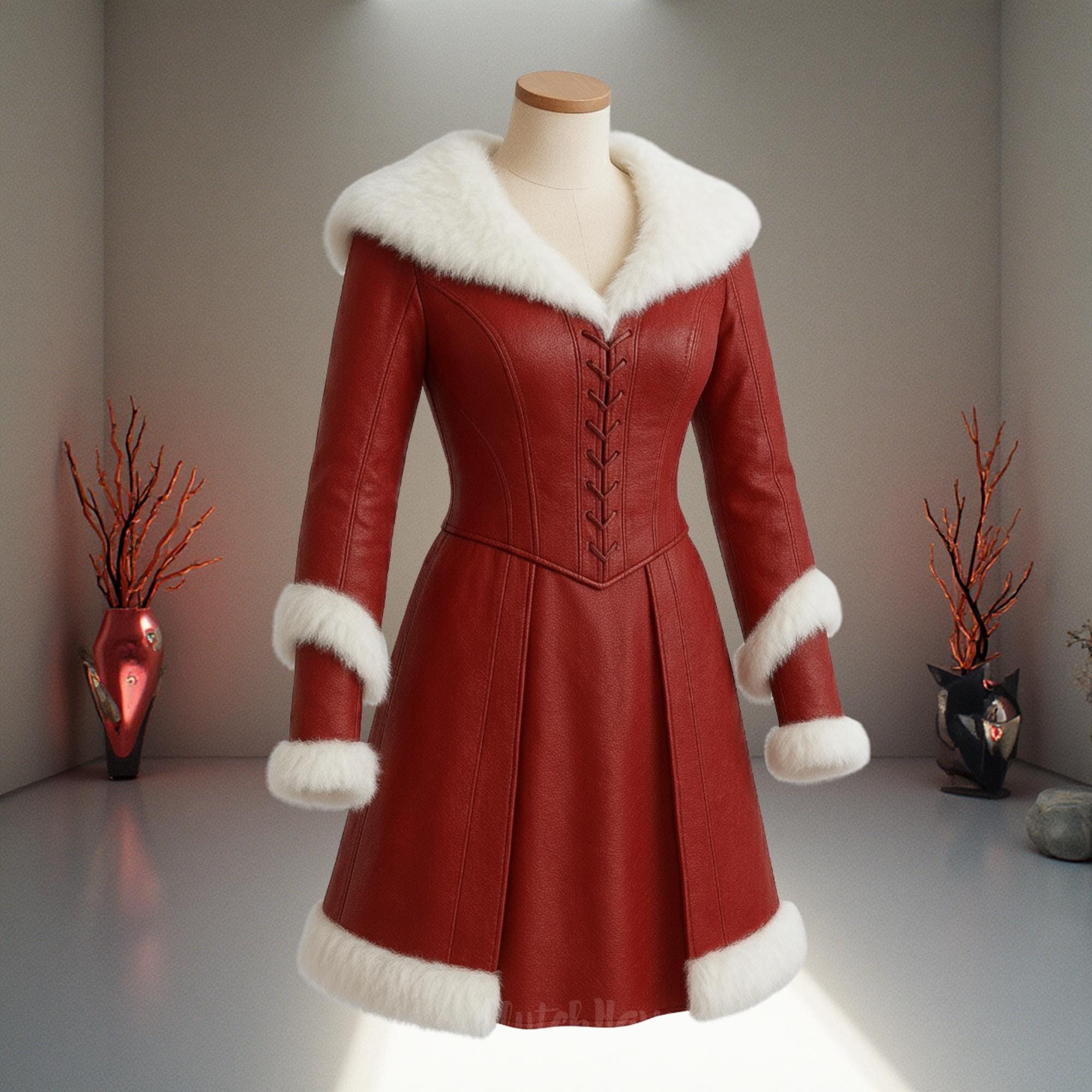 Red Medieval Leather Winter Coat with White Fur Trim