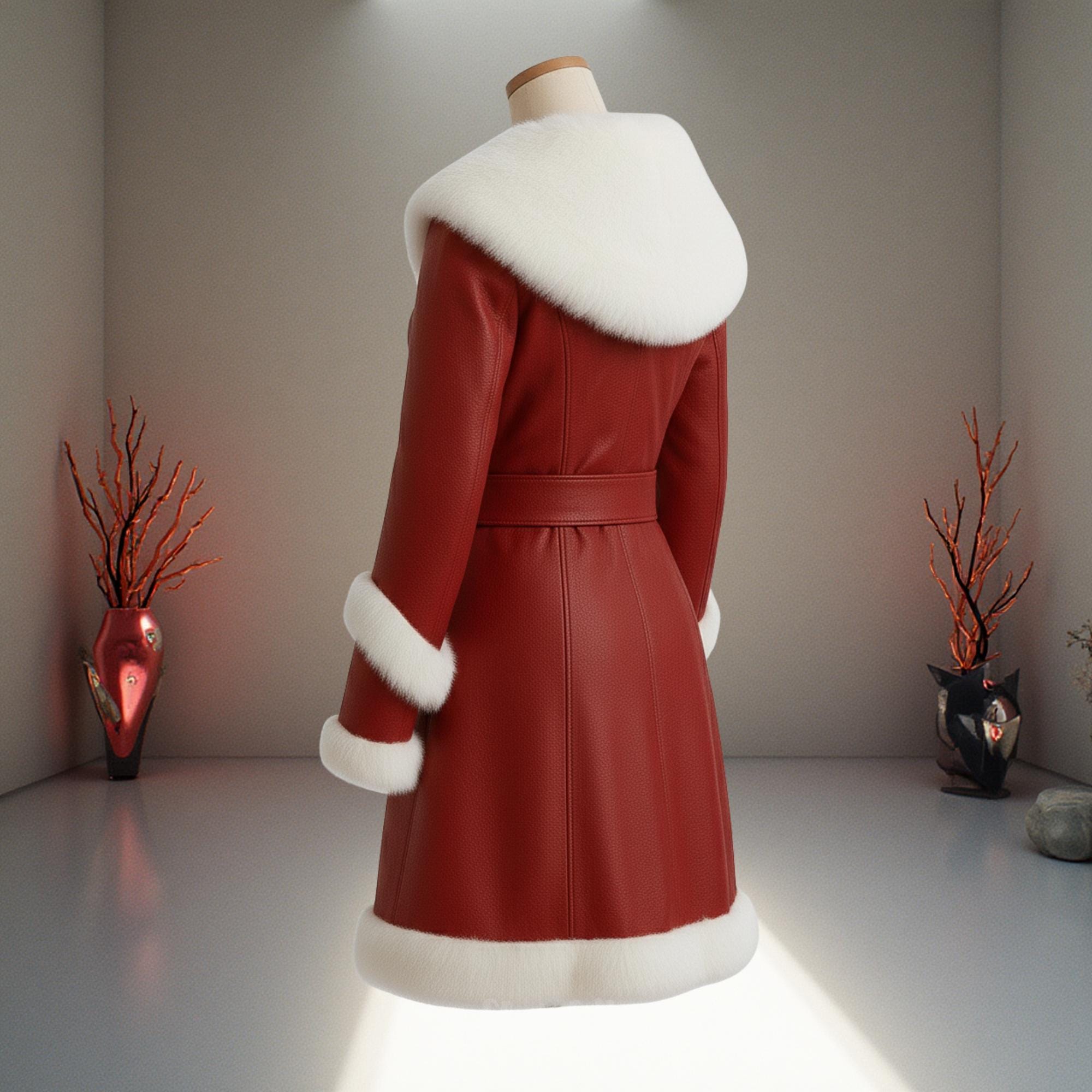 Red Medieval Leather Winter Coat with White Fur Trim