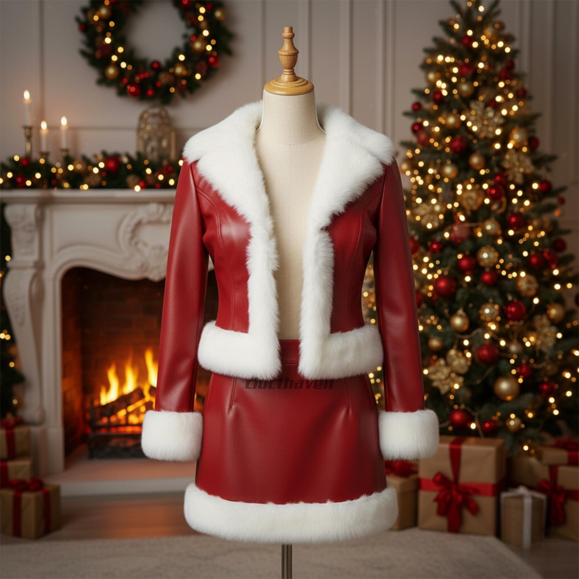 Women's Red Leather Christmas Costume Set