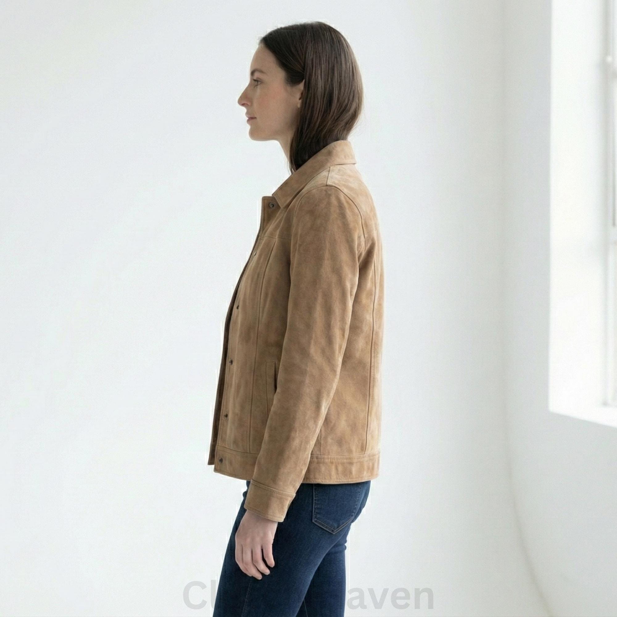 Light Brown Suede Leather Jacket for Women – Classic Collar, Button Closure, Genuine Suede, Casual Fashion Outerwear, Soft Leather Coat