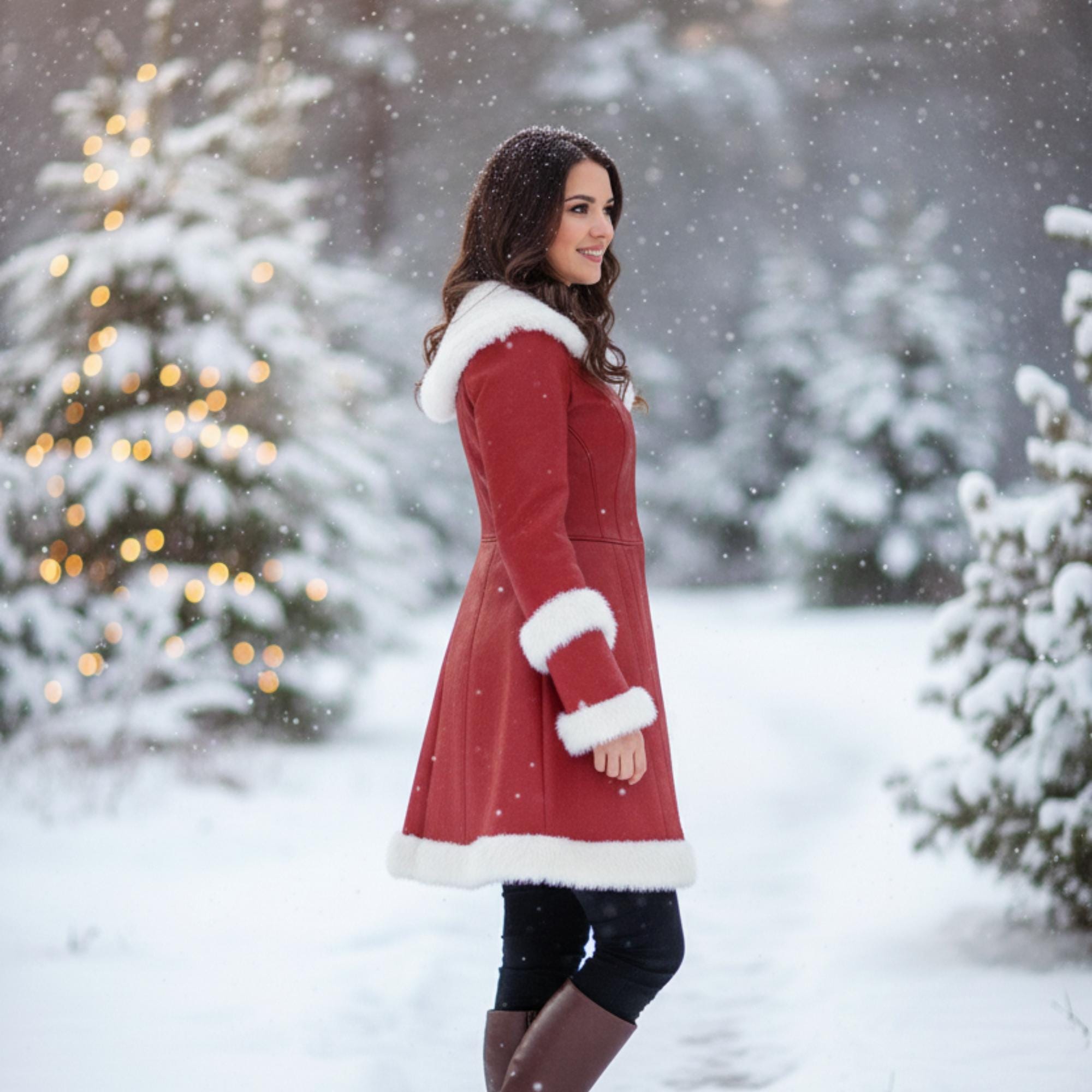 Red Medieval Leather Winter Coat with White Fur Trim