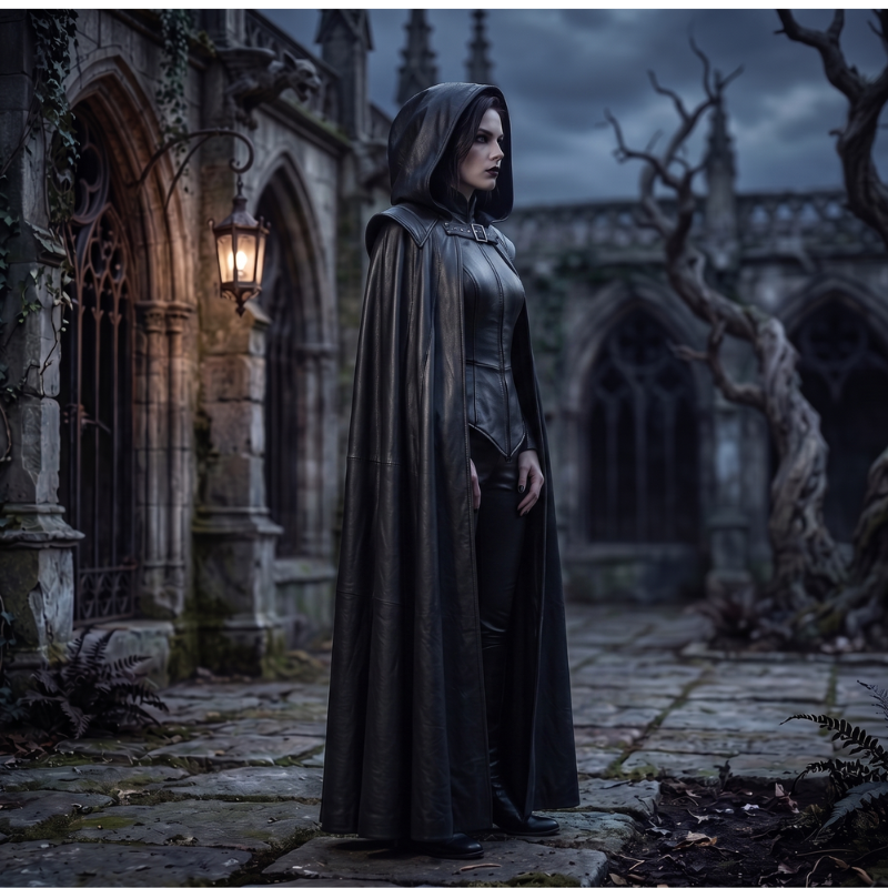 A woman in a long dark hooded cloak and fitted dark dress stands in a gothic stone courtyard with arched windows, a lit lantern, bare trees, and a cloudy sky.